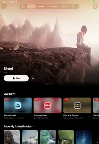 The home screen on iPad, with Sintel featured and the live channels