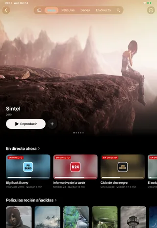 La portada en el iPad, con Sintel destacada y los canales en directo