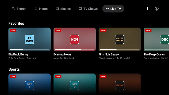 Live TV on the TV: favourites and sports, with what each channel is showing