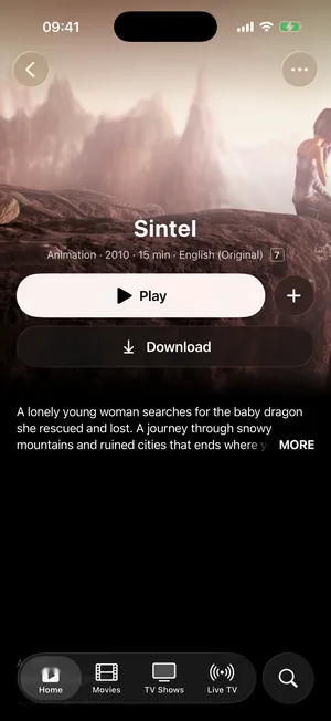 Sintel's page on iPhone, with Play, Download and the synopsis