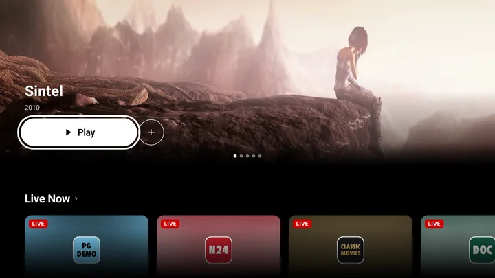 PolarGate TV's home screen on the TV, with focus on Play over Sintel
