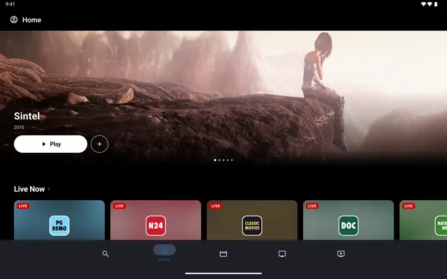 The home screen on an Android tablet, with Sintel featured and the live channels