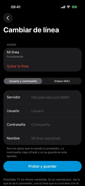 Cambiar de línea en el iPhone: el servidor, el usuario y la contraseña, o el enlace M3U