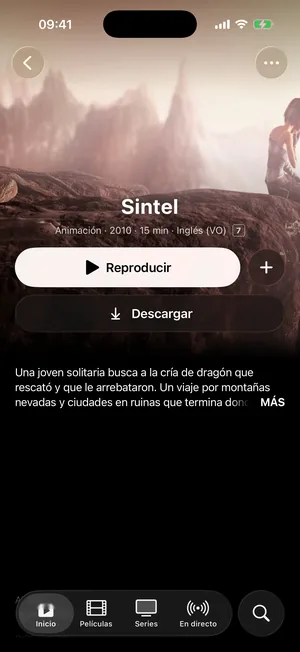 La ficha de Sintel en el iPhone, con Reproducir, Descargar y la sinopsis