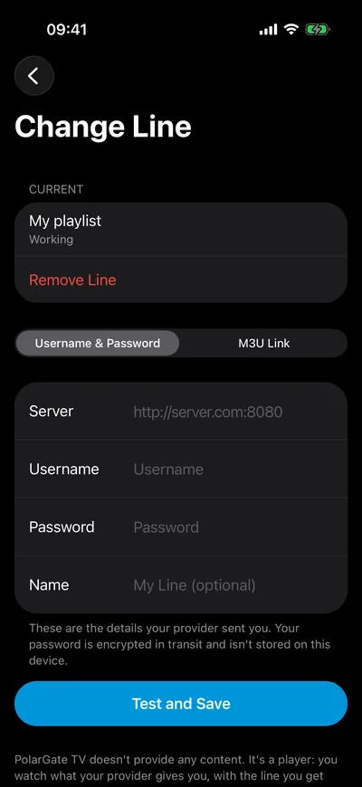 The line screen on iPhone: Username & Password or M3U Link, the Server, Username, Password and Name fields, and the Test and Save button