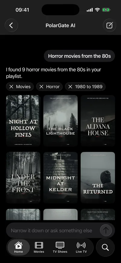 PolarGate AI on iPhone: the question “Horror movies from the 80s”, the filters it understood and nine sample movies
