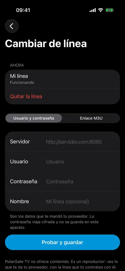 La pantalla de la línea en el iPhone: Usuario y contraseña o Enlace M3U, los campos Servidor, Usuario, Contraseña y Nombre, y el botón Probar y guardar