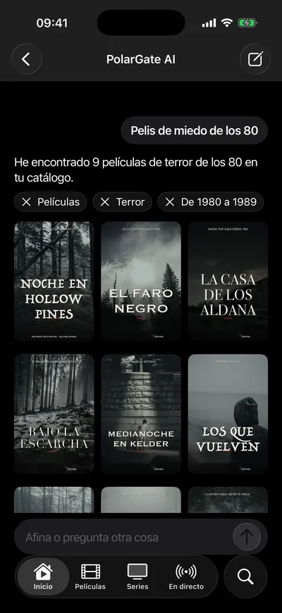 PolarGate AI en el iPhone: la pregunta «Pelis de miedo de los 80», los filtros que ha entendido y nueve películas de muestra