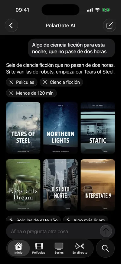 PolarGate AI en el iPhone: la pregunta «Algo de ciencia ficción para esta noche, que no pase de dos horas» y seis películas